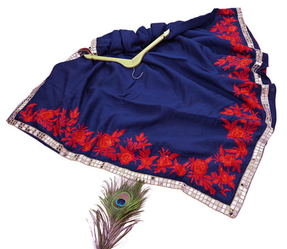 Indian Rare Vintage Zardozi Sarees Deep Blue Pure Silk Hand Embroidered Sari Fabric 5.5 Yards Sewing Ethnic Mirror