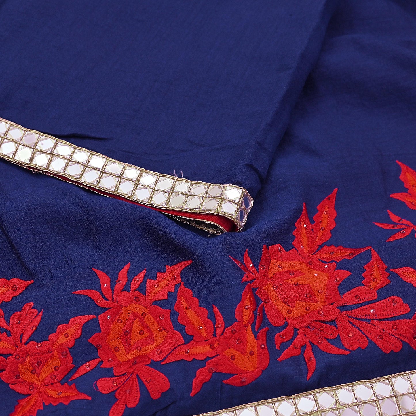 Indian Rare Vintage Zardozi Sarees Deep Blue Pure Silk Hand Embroidered Sari Fabric 5.5 Yards Sewing Ethnic Mirror
