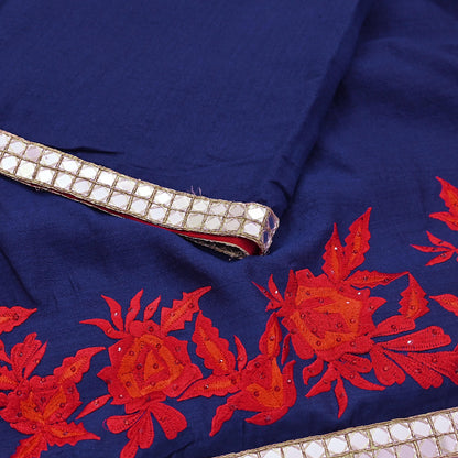 Indian Rare Vintage Zardozi Sarees Deep Blue Pure Silk Hand Embroidered Sari Fabric 5.5 Yards Sewing Ethnic Mirror