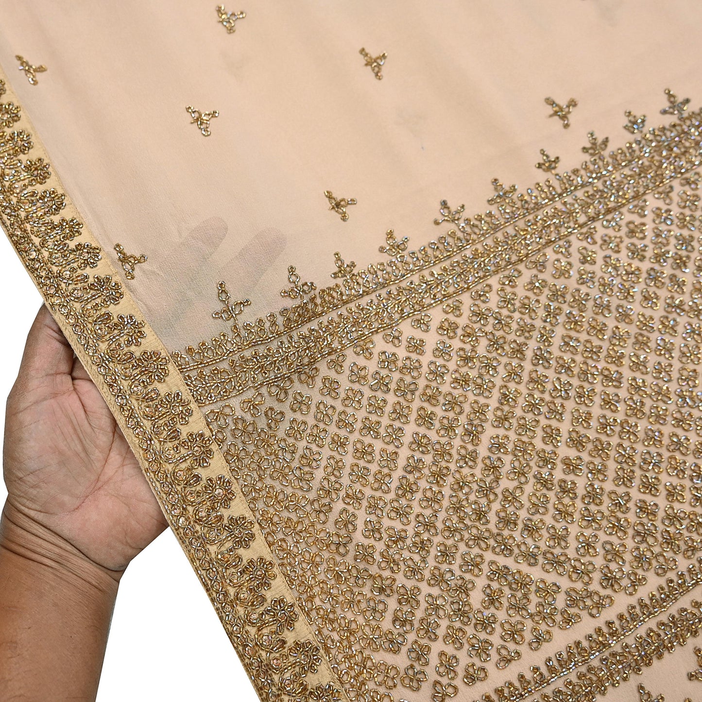 Rare Vintage Beige Pure Georgette Silk Saree Hand Embroidered Designer Sabyasachi Sari 6 Yard Bollywood Party Wear with Blouse Fabric