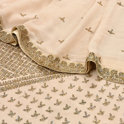 Rare Vintage Beige Pure Georgette Silk Saree Hand Embroidered Designer Sabyasachi Sari 6 Yard Bollywood Party Wear with Blouse Fabric