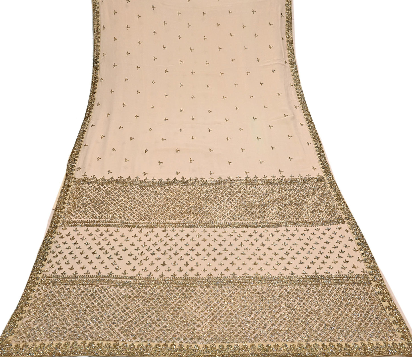 Rare Vintage Beige Pure Georgette Silk Saree Hand Embroidered Designer Sabyasachi Sari 6 Yard Bollywood Party Wear with Blouse Fabric
