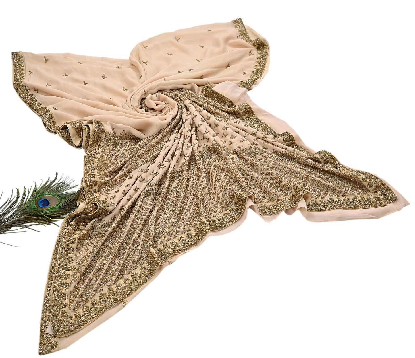 Rare Vintage Beige Pure Georgette Silk Saree Hand Embroidered Designer Sabyasachi Sari 6 Yard Bollywood Party Wear with Blouse Fabric