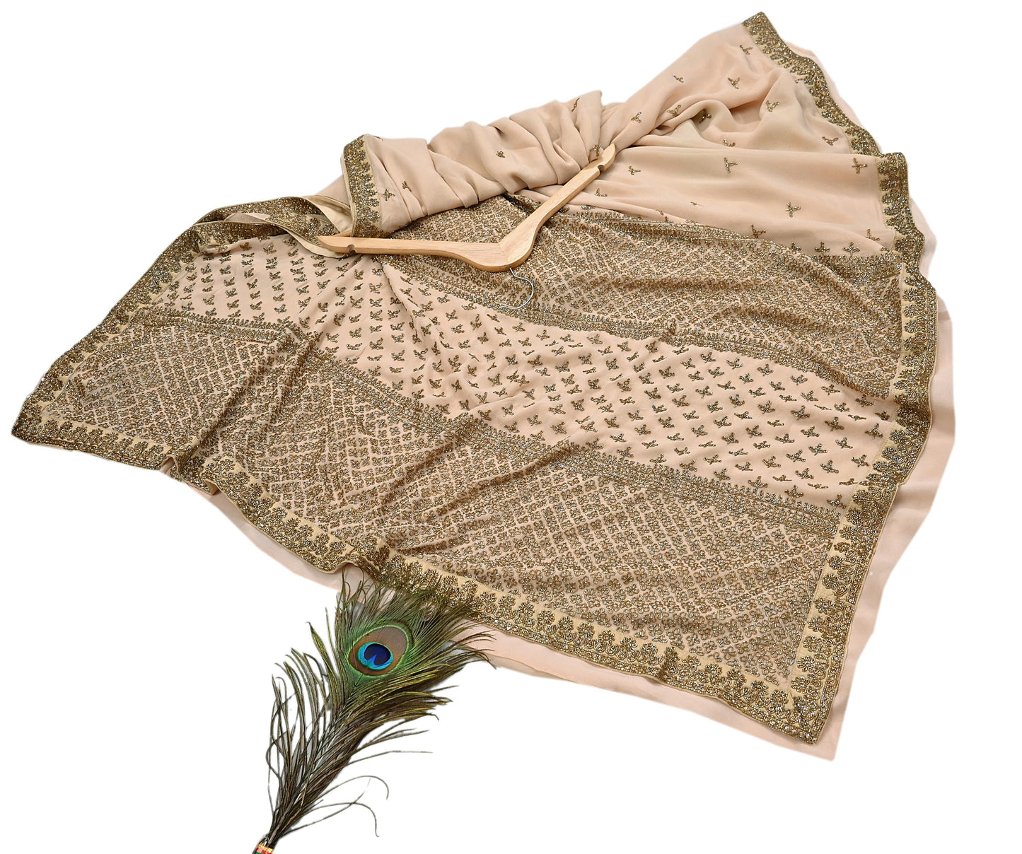 Rare Vintage Beige Pure Georgette Silk Saree Hand Embroidered Designer Sabyasachi Sari 6 Yard Bollywood Party Wear with Blouse Fabric