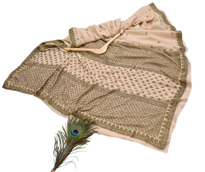 Rare Vintage Beige Pure Georgette Silk Saree Hand Embroidered Designer Sabyasachi Sari 6 Yard Bollywood Party Wear with Blouse Fabric