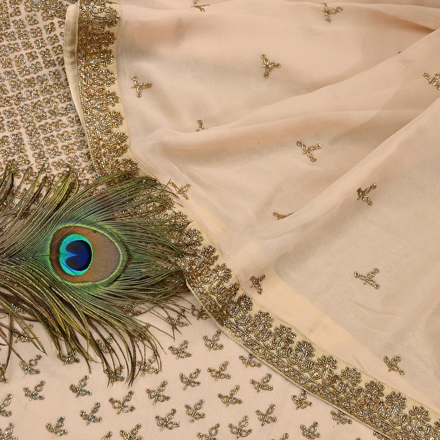 Rare Vintage Beige Pure Georgette Silk Saree Hand Embroidered Designer Sabyasachi Sari 6 Yard Bollywood Party Wear with Blouse Fabric