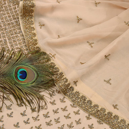 Rare Vintage Beige Pure Georgette Silk Saree Hand Embroidered Designer Sabyasachi Sari 6 Yard Bollywood Party Wear with Blouse Fabric