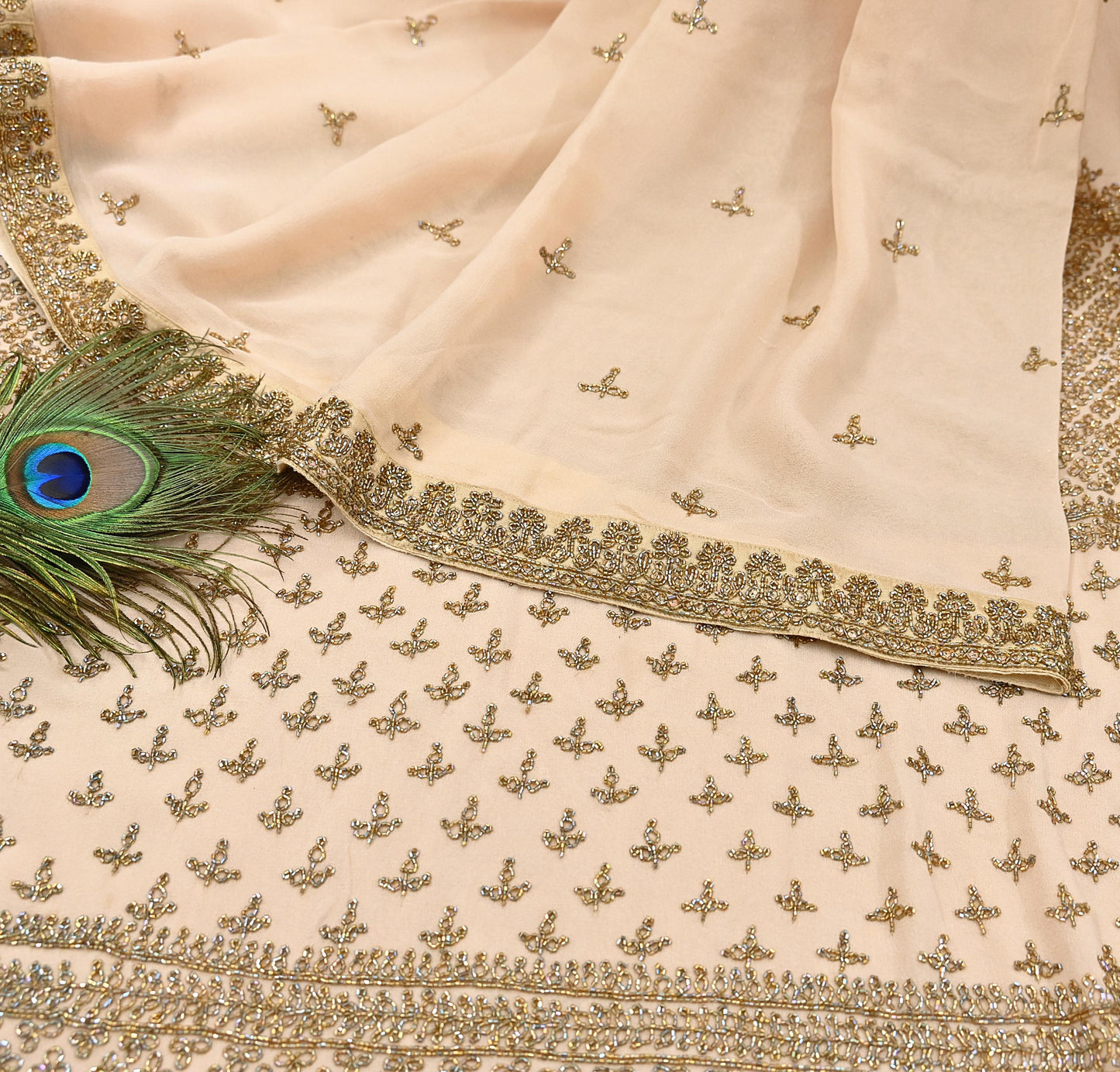 Rare Vintage Beige Pure Georgette Silk Saree Hand Embroidered Designer Sabyasachi Sari 6 Yard Bollywood Party Wear with Blouse Fabric