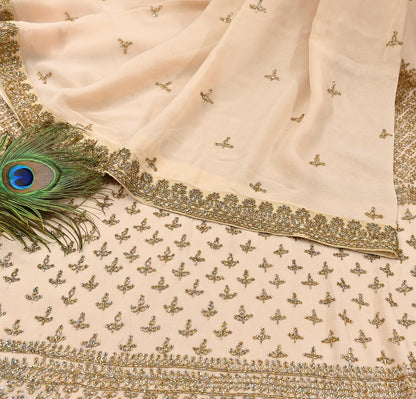 Rare Vintage Beige Pure Georgette Silk Saree Hand Embroidered Designer Sabyasachi Sari 6 Yard Bollywood Party Wear with Blouse Fabric