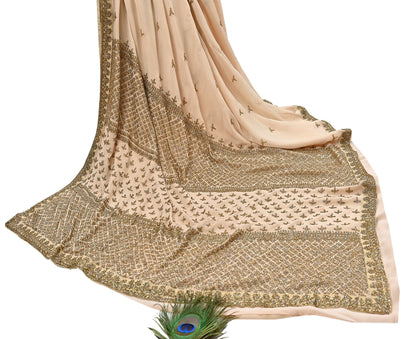 Rare Vintage Beige Pure Georgette Silk Saree Hand Embroidered Designer Sabyasachi Sari 6 Yard Bollywood Party Wear with Blouse Fabric