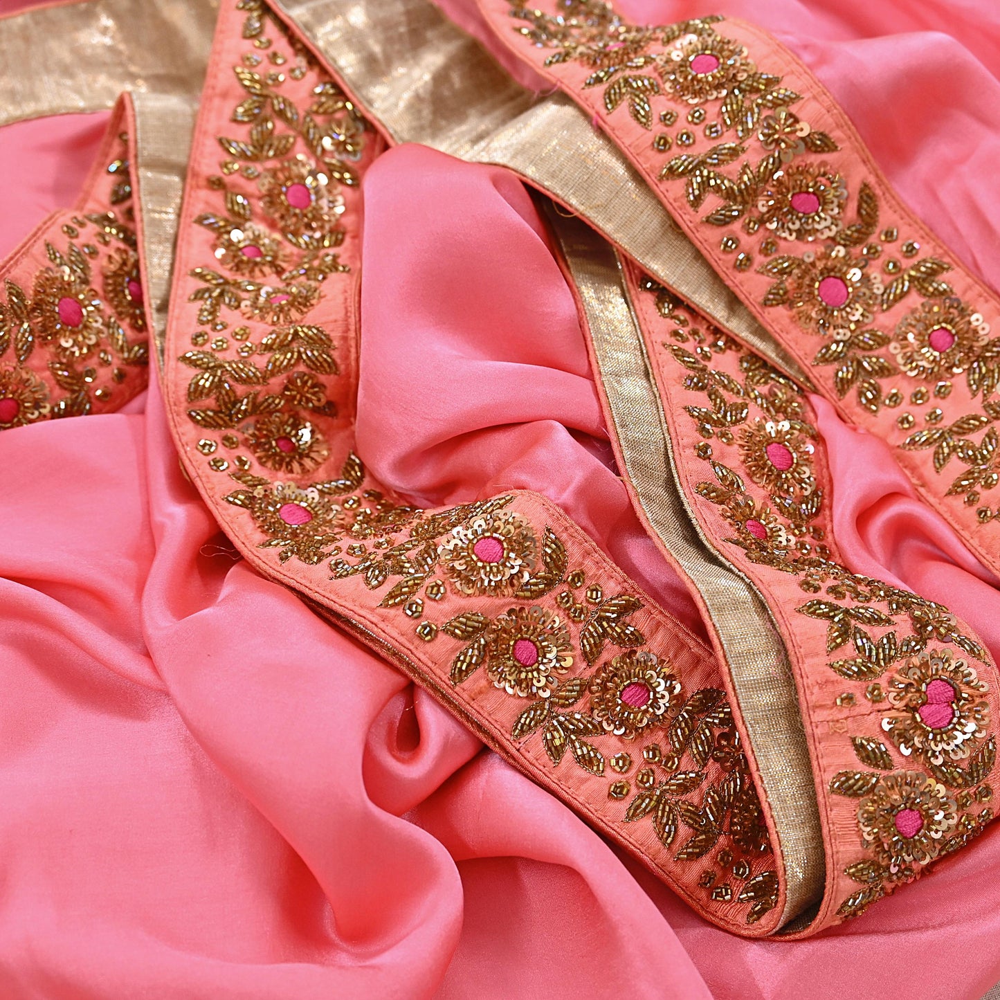 Rare Peach Pure Satin Silk Saree Zardozi Hand Embroidered Designer Sabyasachi Sari 5.5 Yard Bollywood Party Wear