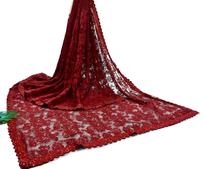 Rare Vintage Maroon Net Saree Hand Beaded Abu Jani Designer Sari 6 Yards Bollywood Party Wear Ethnic