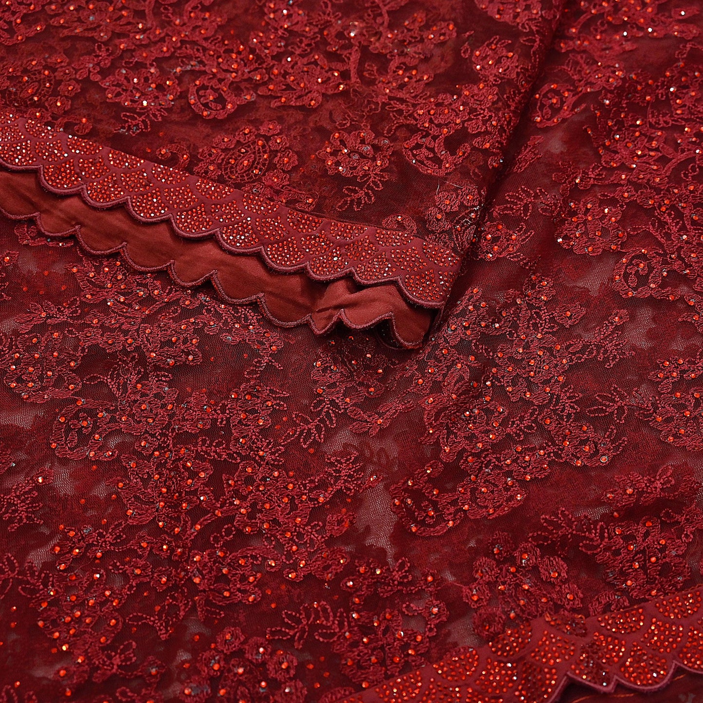 Rare Vintage Maroon Net Saree Hand Beaded Abu Jani Designer Sari 6 Yards Bollywood Party Wear Ethnic