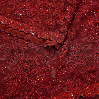 Rare Vintage Maroon Net Saree Hand Beaded Abu Jani Designer Sari 6 Yards Bollywood Party Wear Ethnic