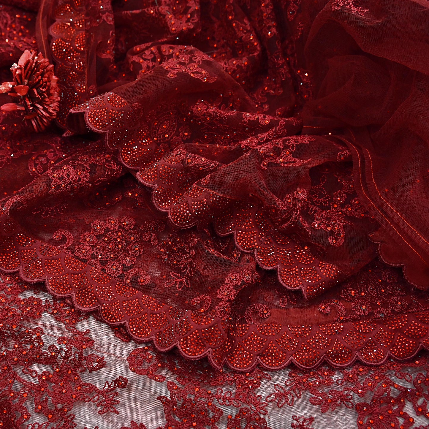 Rare Vintage Maroon Net Saree Hand Beaded Abu Jani Designer Sari 6 Yards Bollywood Party Wear Ethnic