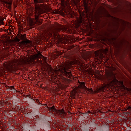 Rare Vintage Maroon Net Saree Hand Beaded Abu Jani Designer Sari 6 Yards Bollywood Party Wear Ethnic