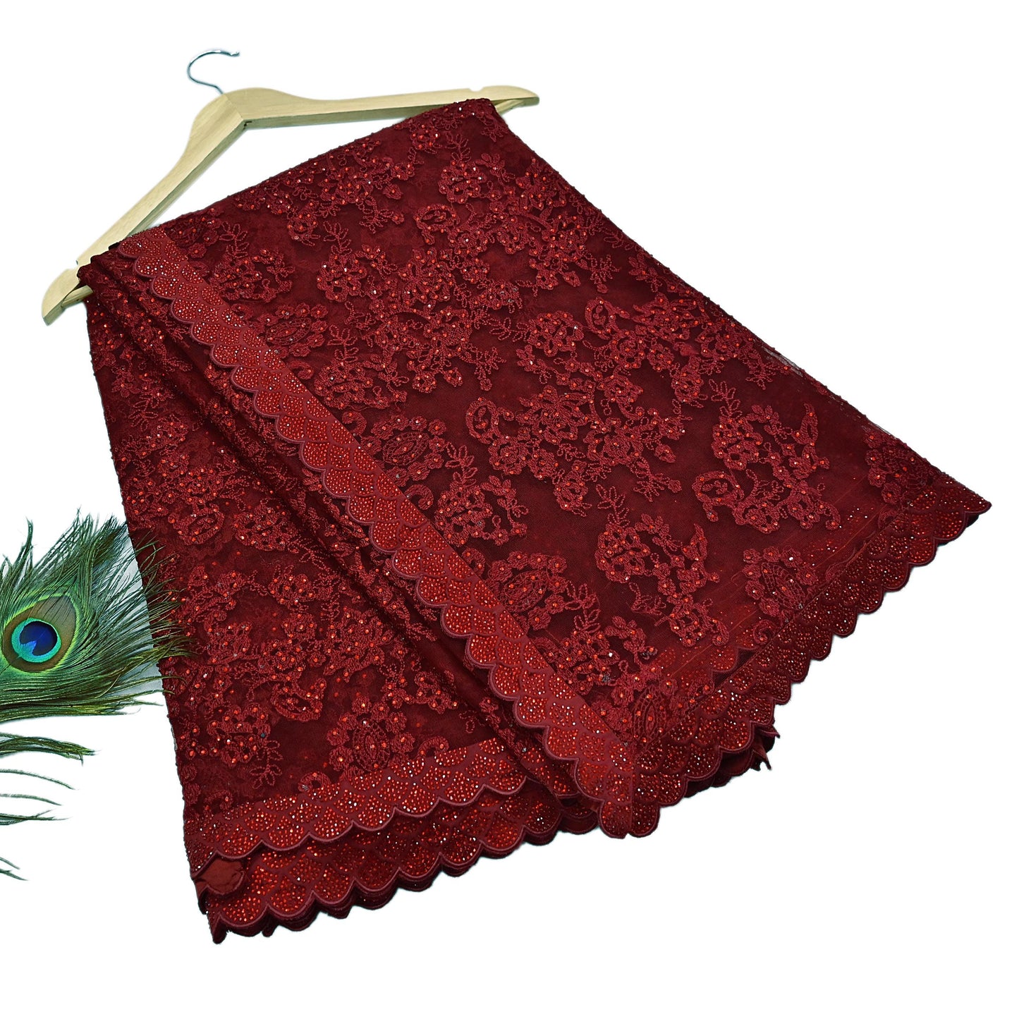 Rare Vintage Maroon Net Saree Hand Beaded Abu Jani Designer Sari 6 Yards Bollywood Party Wear Ethnic