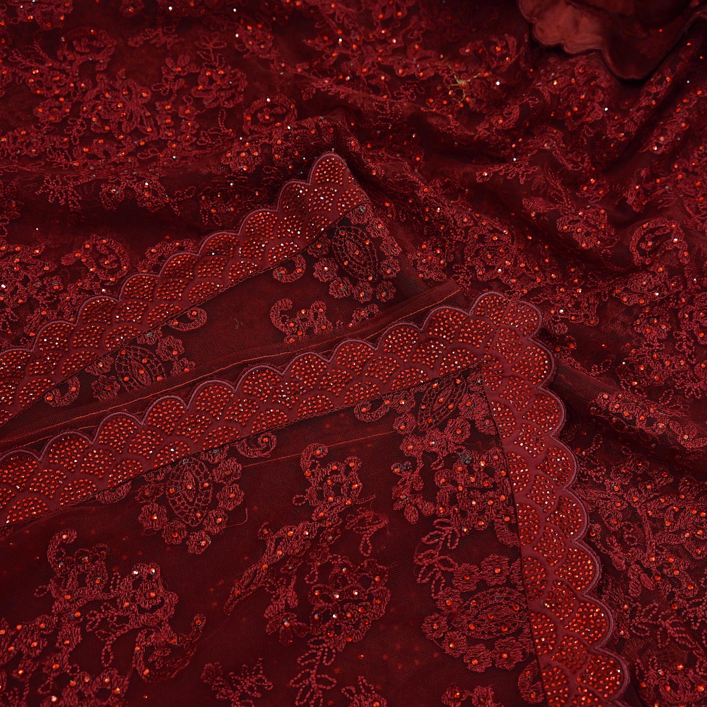 Rare Vintage Maroon Net Saree Hand Beaded Abu Jani Designer Sari 6 Yards Bollywood Party Wear Ethnic