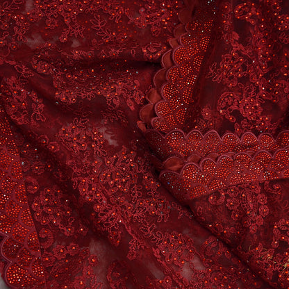 Rare Vintage Maroon Net Saree Hand Beaded Abu Jani Designer Sari 6 Yards Bollywood Party Wear Ethnic