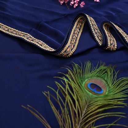 Rare Vintage Blue Pure Satin Silk Saree Zardozi Hand Embroidered Designer Sabyasachi Sari 6 Yard Bollywood Party Wear