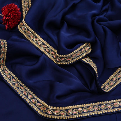 Rare Vintage Blue Pure Satin Silk Saree Zardozi Hand Embroidered Designer Sabyasachi Sari 6 Yard Bollywood Party Wear