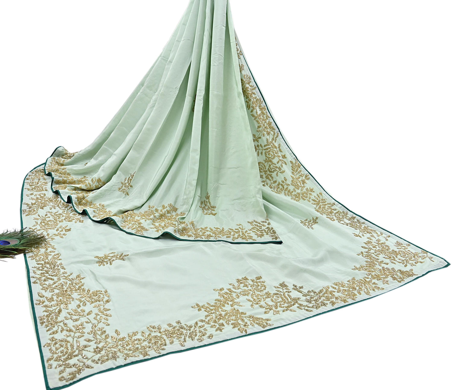 Rare Vintage Green Pure Silk Saree Hand Embroidered Fabric 6 Yards Sari Bollywood Party Wear Ethnic Designer Saree