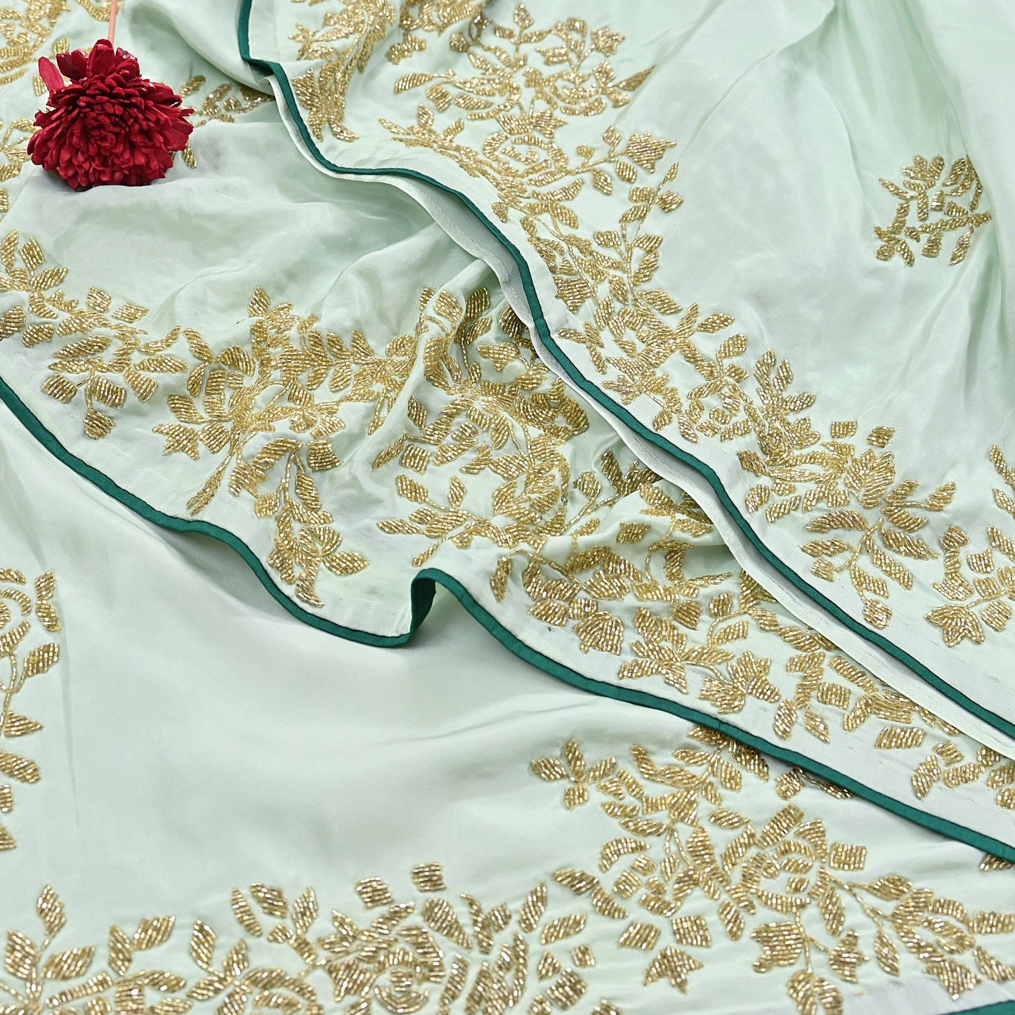 Rare Vintage Green Pure Silk Saree Hand Embroidered Fabric 6 Yards Sari Bollywood Party Wear Ethnic Designer Saree