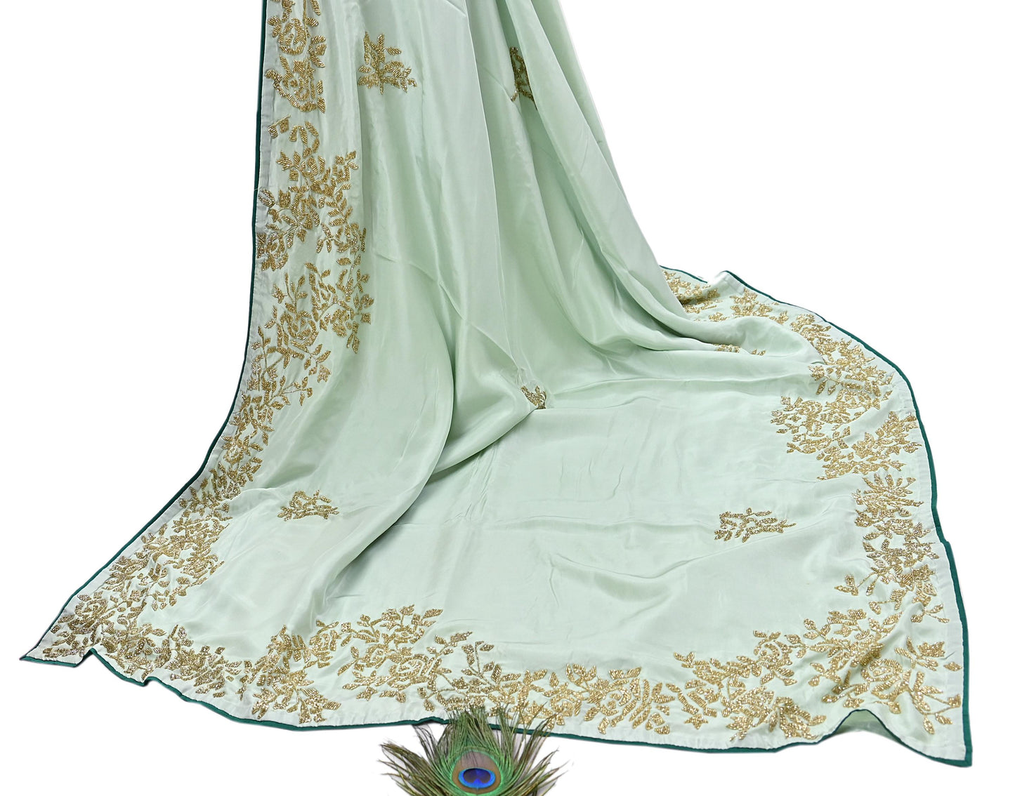 Rare Vintage Green Pure Silk Saree Hand Embroidered Fabric 6 Yards Sari Bollywood Party Wear Ethnic Designer Saree