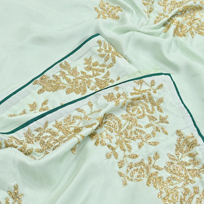 Rare Vintage Green Pure Silk Saree Hand Embroidered Fabric 6 Yards Sari Bollywood Party Wear Ethnic Designer Saree