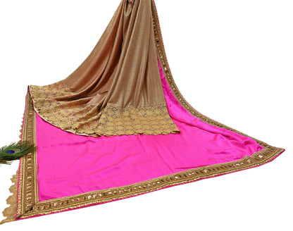 Rare Vintage Pink Golden Net & Pure Satin Silk Saree Heavy Hand Embroidery 6 Yards Wedding Wear Bollywood sarees