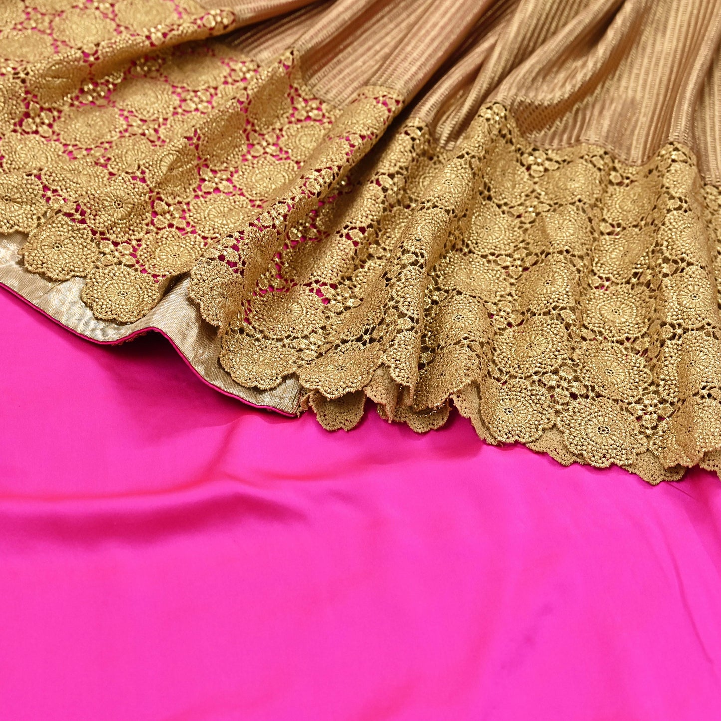 Rare Vintage Pink Golden Net & Pure Satin Silk Saree Heavy Hand Embroidery 6 Yards Wedding Wear Bollywood sarees
