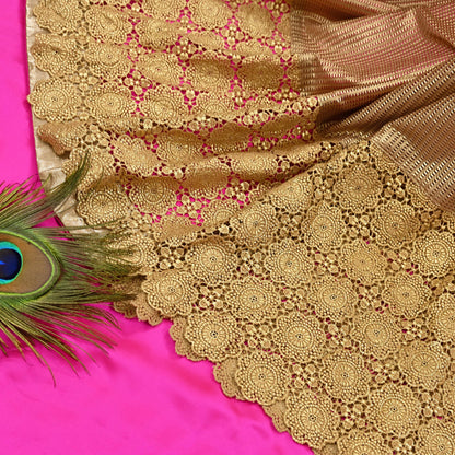 Rare Vintage Pink Golden Net & Pure Satin Silk Saree Heavy Hand Embroidery 6 Yards Wedding Wear Bollywood sarees