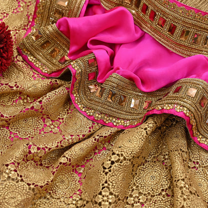 Rare Vintage Pink Golden Net & Pure Satin Silk Saree Heavy Hand Embroidery 6 Yards Wedding Wear Bollywood sarees