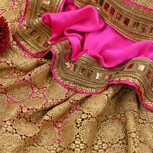 Rare Vintage Pink Golden Net & Pure Satin Silk Saree Heavy Hand Embroidery 6 Yards Wedding Wear Bollywood sarees