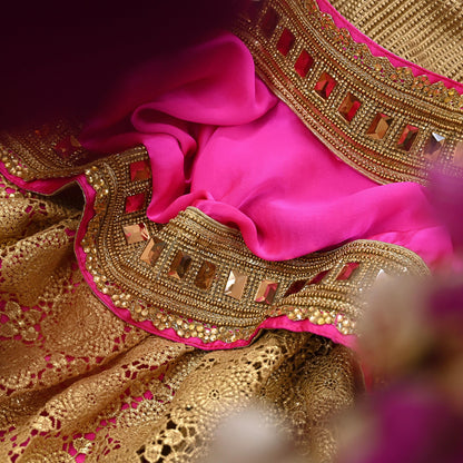 Rare Vintage Pink Golden Net & Pure Satin Silk Saree Heavy Hand Embroidery 6 Yards Wedding Wear Bollywood sarees