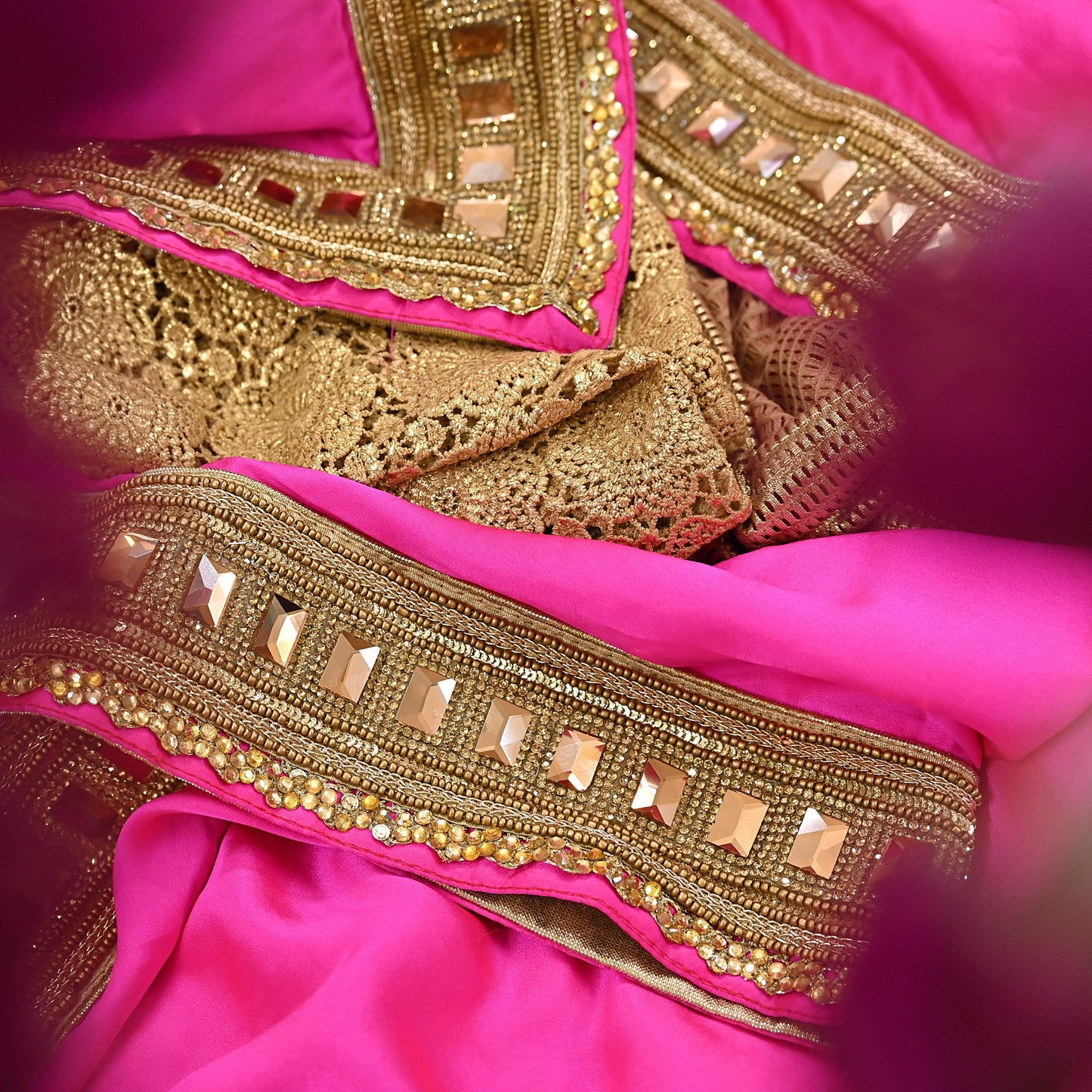 Rare Vintage Pink Golden Net & Pure Satin Silk Saree Heavy Hand Embroidery 6 Yards Wedding Wear Bollywood sarees