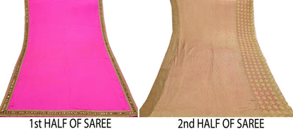Rare Vintage Pink Golden Net & Pure Satin Silk Saree Heavy Hand Embroidery 6 Yards Wedding Wear Bollywood sarees