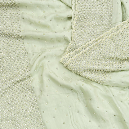 Rare Vintage Olive Green Pure Satin Silk Saree Hand Embroidered Fabric 5.5 Yards Sari Bollywood Party Wear Ethnic Designer Saree