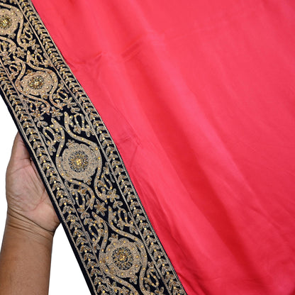 Rare Vintage Peach Pure Satin Silk Saree Hand Embroidered Fabric 5.5 Yards Sari Bollywood Party Wear Ethnic Designer Saree