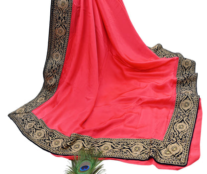 Rare Vintage Peach Pure Satin Silk Saree Hand Embroidered Fabric 5.5 Yards Sari Bollywood Party Wear Ethnic Designer Saree