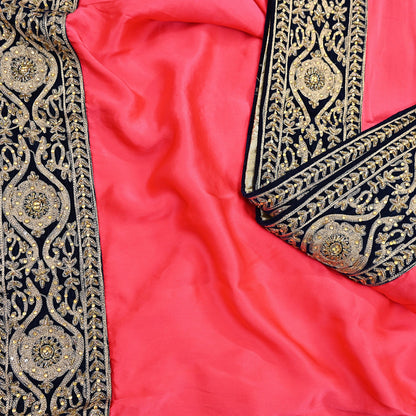 Rare Vintage Peach Pure Satin Silk Saree Hand Embroidered Fabric 5.5 Yards Sari Bollywood Party Wear Ethnic Designer Saree