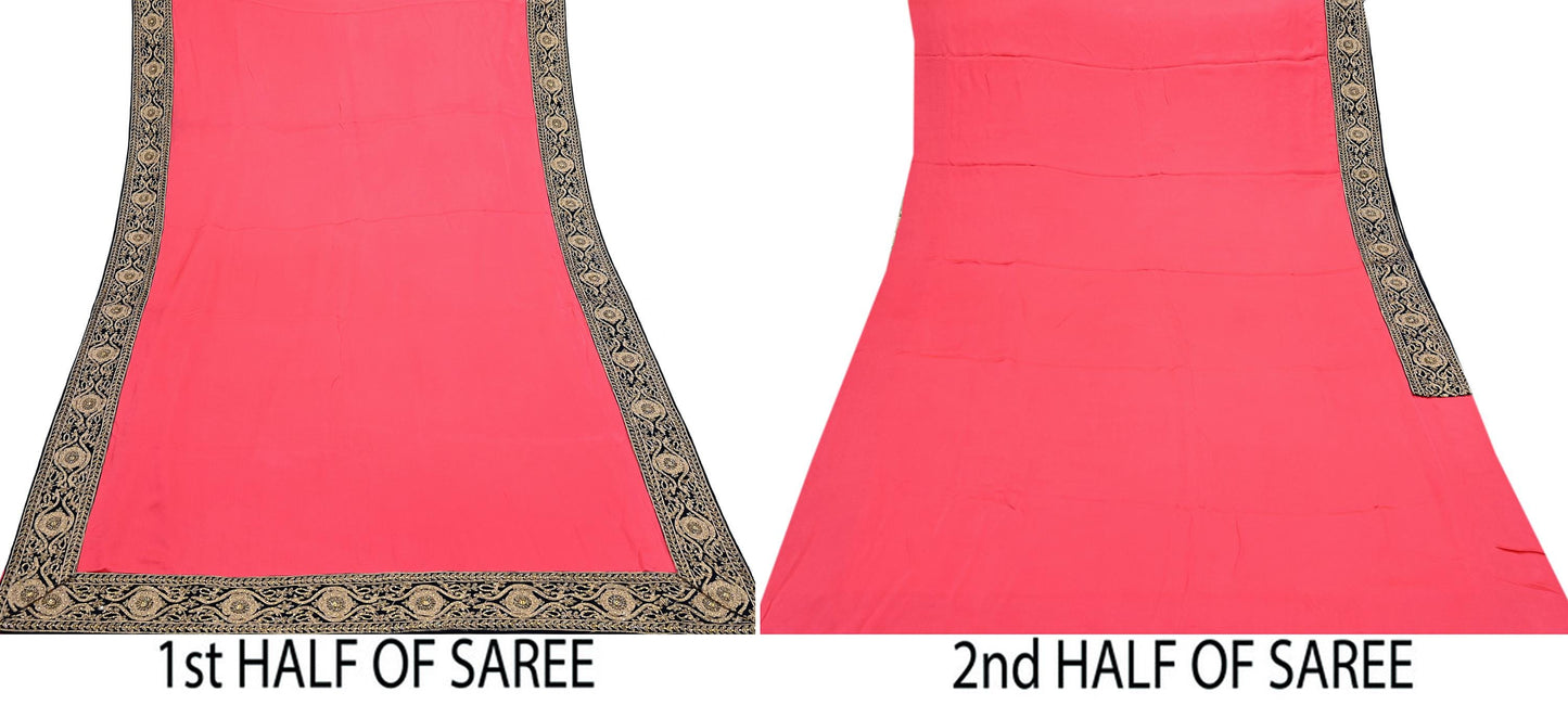 Rare Vintage Peach Pure Satin Silk Saree Hand Embroidered Fabric 5.5 Yards Sari Bollywood Party Wear Ethnic Designer Saree
