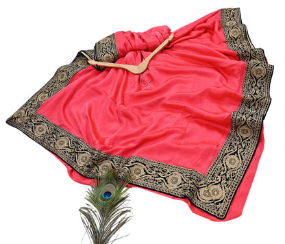 Rare Vintage Peach Pure Satin Silk Saree Hand Embroidered Fabric 5.5 Yards Sari Bollywood Party Wear Ethnic Designer Saree