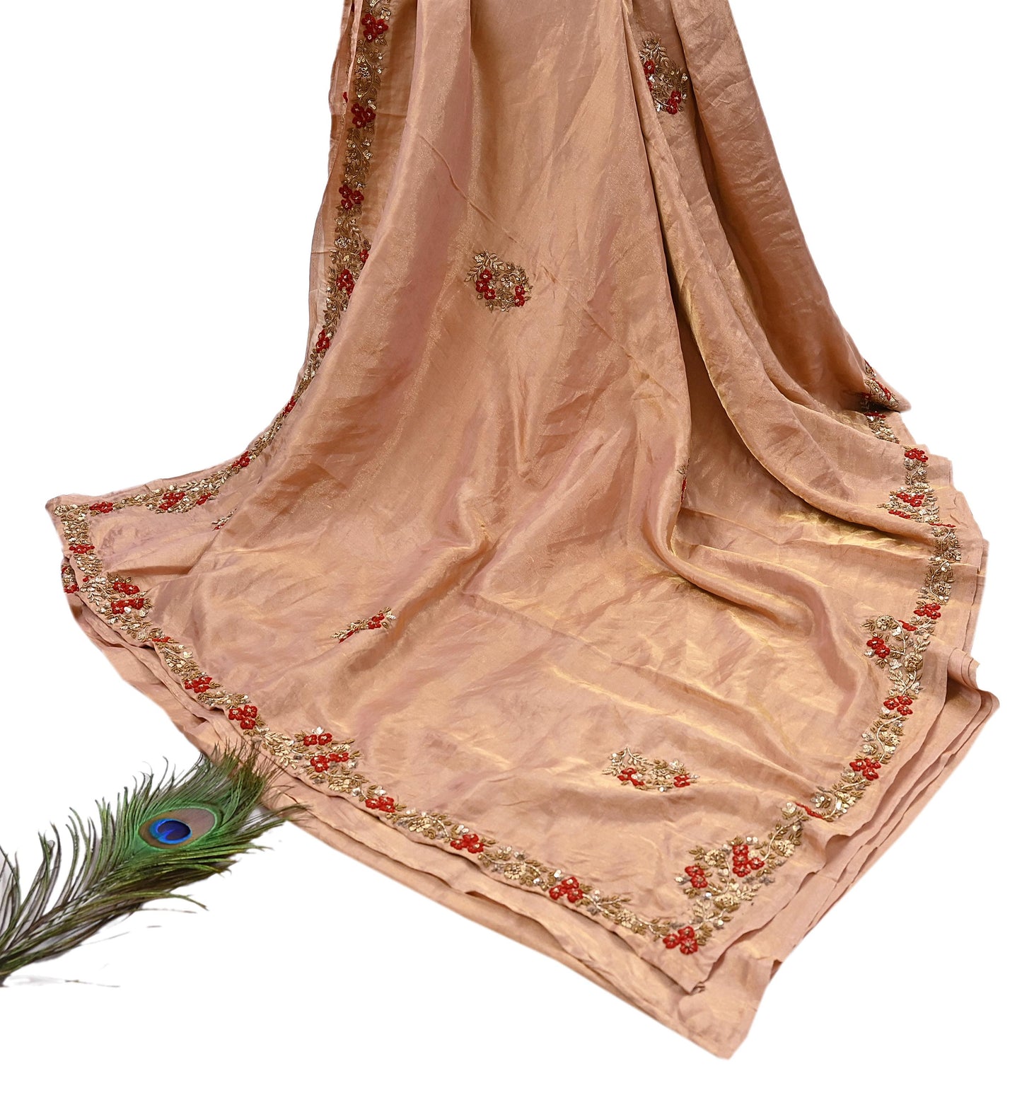 Rare Vintage Golden Peach Pure Tissue Silk Saree Zardozi Hand Embroidered Designer Sabyasachi Sari 5.5 Yard Bollywood Party Wear