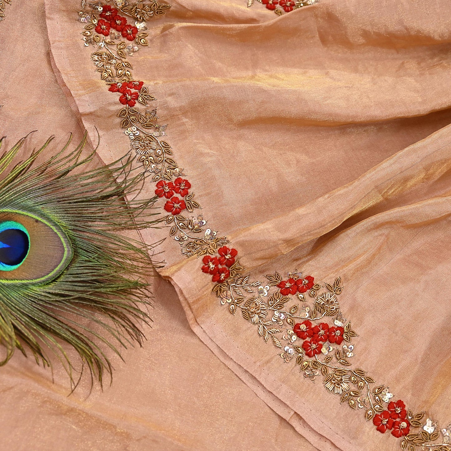 Rare Vintage Golden Peach Pure Tissue Silk Saree Zardozi Hand Embroidered Designer Sabyasachi Sari 5.5 Yard Bollywood Party Wear