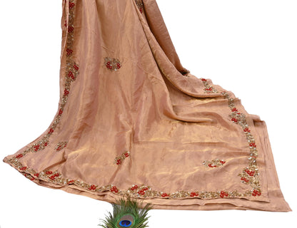 Rare Vintage Golden Peach Pure Tissue Silk Saree Zardozi Hand Embroidered Designer Sabyasachi Sari 5.5 Yard Bollywood Party Wear