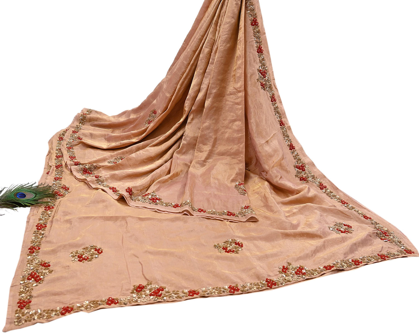 Rare Vintage Golden Peach Pure Tissue Silk Saree Zardozi Hand Embroidered Designer Sabyasachi Sari 5.5 Yard Bollywood Party Wear