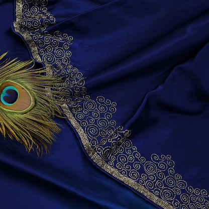 Rare Vintage Silver & Blue Pure Satin Silk Saree Hand Embroidered Fabric 5.5 Yards Sari Bollywood Party Wear Ethnic Designer Saree