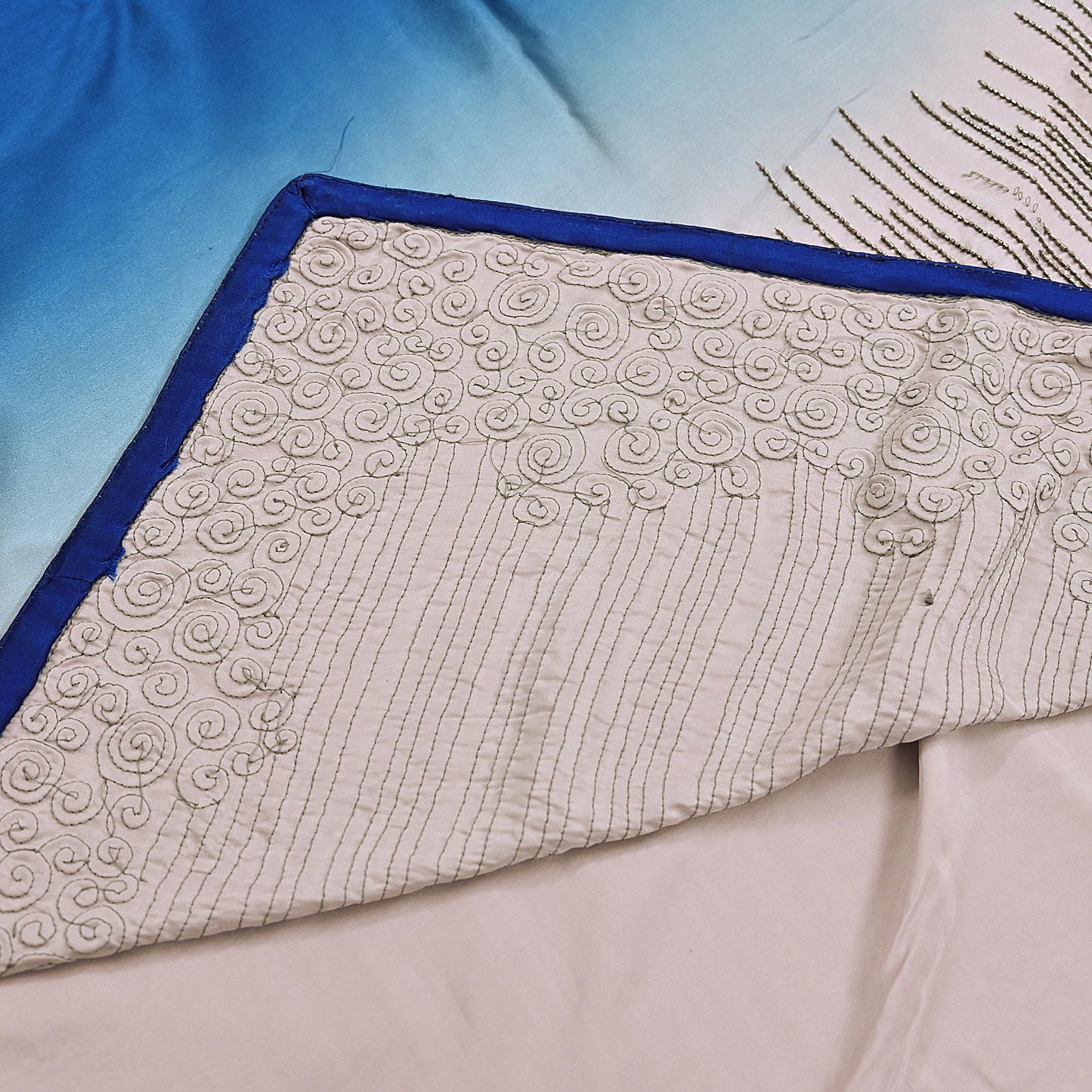 Rare Vintage Silver & Blue Pure Satin Silk Saree Hand Embroidered Fabric 5.5 Yards Sari Bollywood Party Wear Ethnic Designer Saree