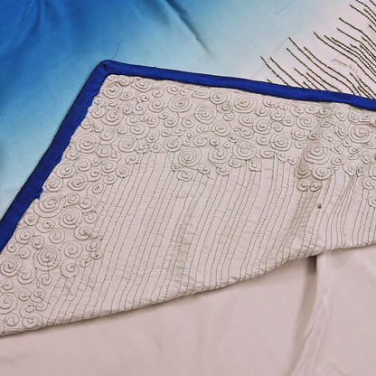 Rare Vintage Silver & Blue Pure Satin Silk Saree Hand Embroidered Fabric 5.5 Yards Sari Bollywood Party Wear Ethnic Designer Saree